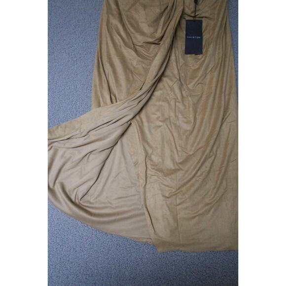 Halston Draped faux‎ wrap Skirt Suede tan camel size 6 midi Sylvia $395 - Picture 3 of 8